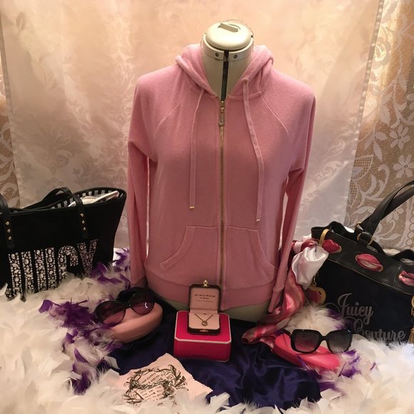 Juicy Couture Jackets & Blazers - GORGEOUS authentic vintage baby pink terry cloth hoodie and necklace set!